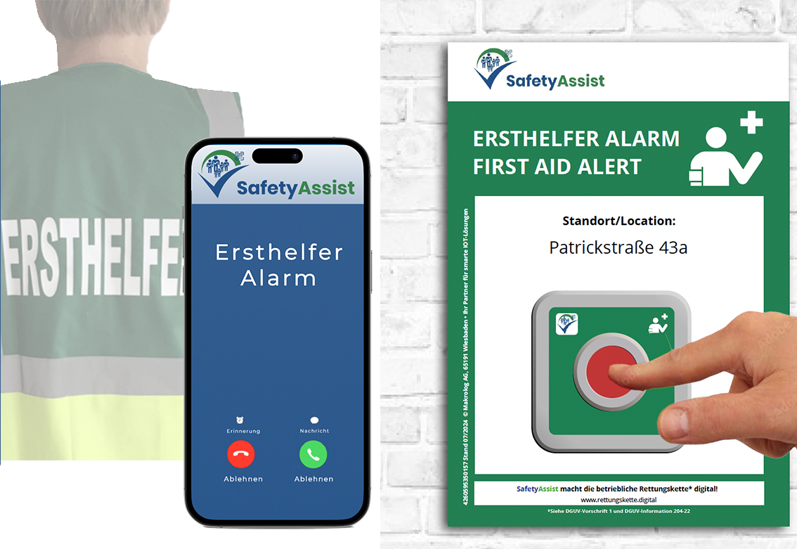 SafetyAssist Ersthelfer-Alarm: Alarmierung per Anruf auf dem Smartphone und Aushang mit Alarmierungsknopf und Standortangabe